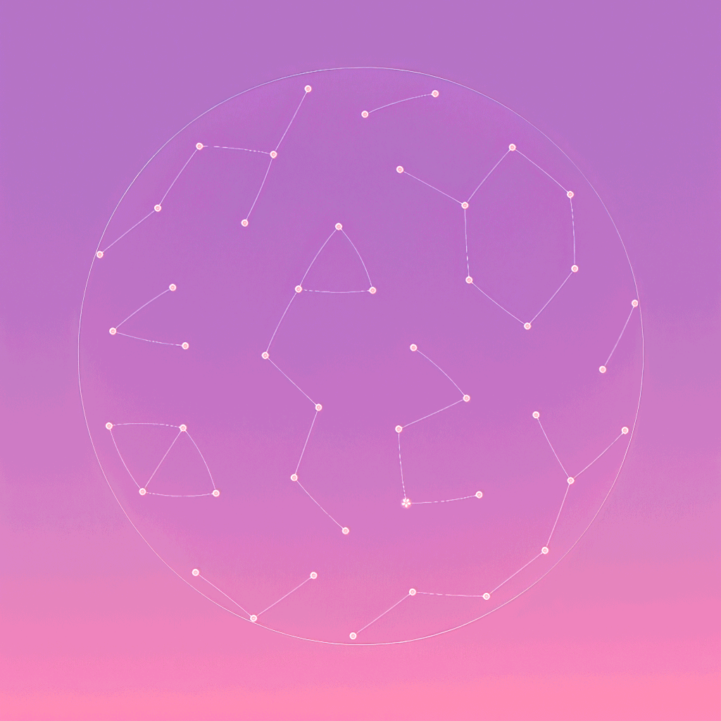 A circular constellation map with white dots and lines forms various star patterns on a purple and pink gradient sky background.