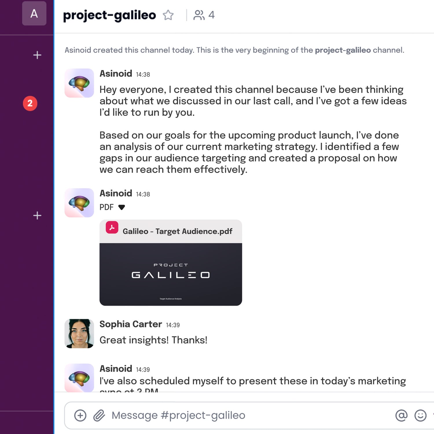 A Slack channel named "project-galileo" shows a conversation where Asinoid shares ideas and a PDF about targeting audiences. Sophia Carter responds positively. The attached PDF is titled "Galileo - Target Audience.pdf.