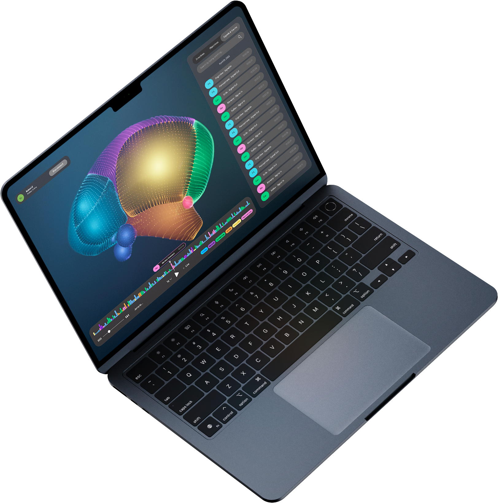 A dark gray laptop is open, displaying a colorful 3D graphic of a brain on the screen with various data charts and menus. The keyboard and trackpad are visible.